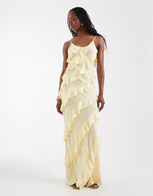 ベロモーダ レディース トップス 衣装 フラウンス マキシ Vero Moda Tall bias cut ruffled cami maxi dress インチ pale yellow Flan 黄色