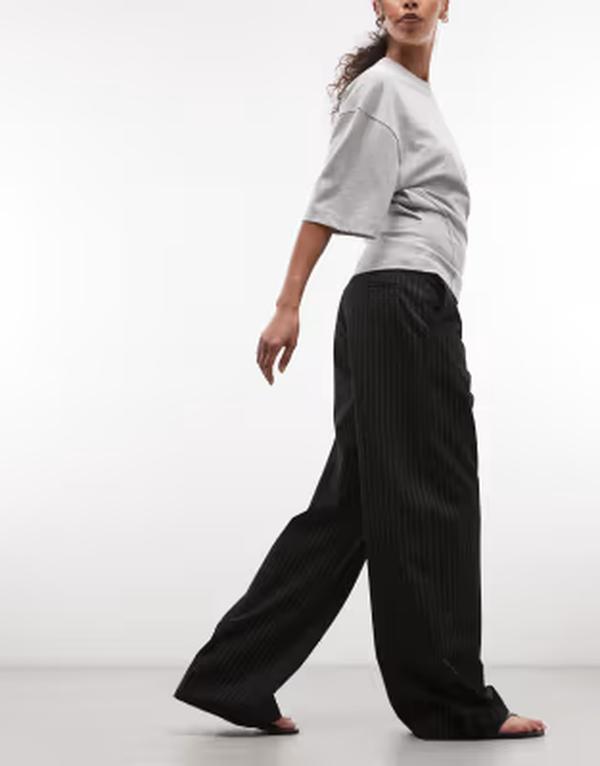 週日 レディース ボトムス 心地好いズボン下 ワイドレッグ Weekday wide leg tailored pants pinstripes Black 黒いこと レディースファッション-ボトムス
