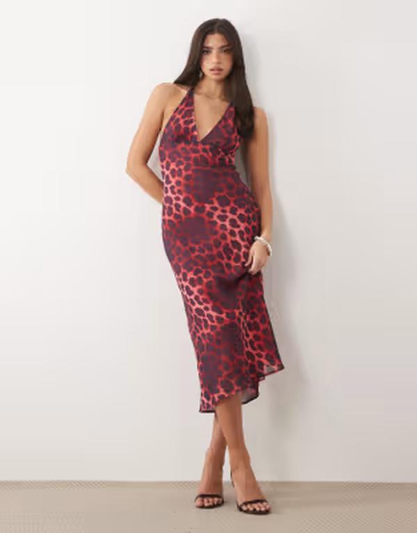 エイソス レディース トップス ワンピース プリント ミディ ホルター ASOS DESIGN halter neck midi dress in leopard print LEOPARD PRINT アニマル｜ReVida 店