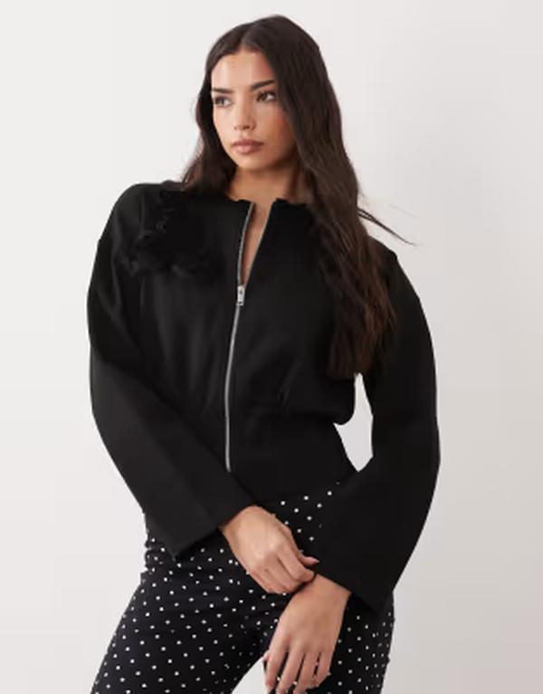 エイソス レディース アウター ジャケット・ブルゾン フルジップ スウェット シャツ ASOS DESIGN interlock corsage detail zip through sweatshirt Black ブラック