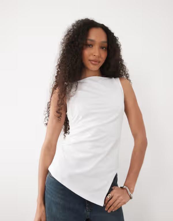 エイソス レディース トップス プルオーバー 非対称 ASOS DESIGN heavy weight slash neck asymmetric longline top WHITE 白いこと