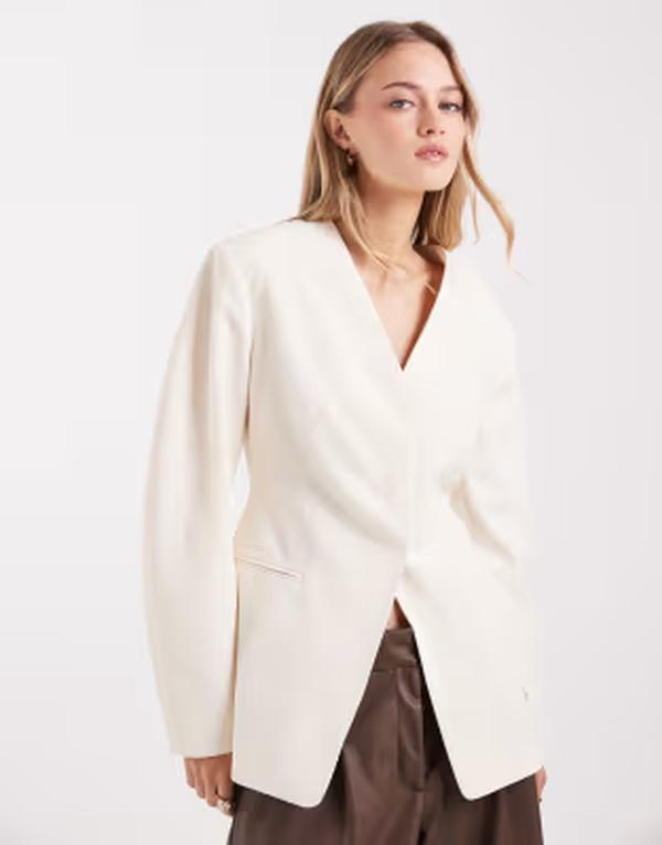 エイソス レディース アウター ジャケット・ブルゾン ブレザー リネン ASOS DESIGN cinched linen look blazer in cream クリーム
