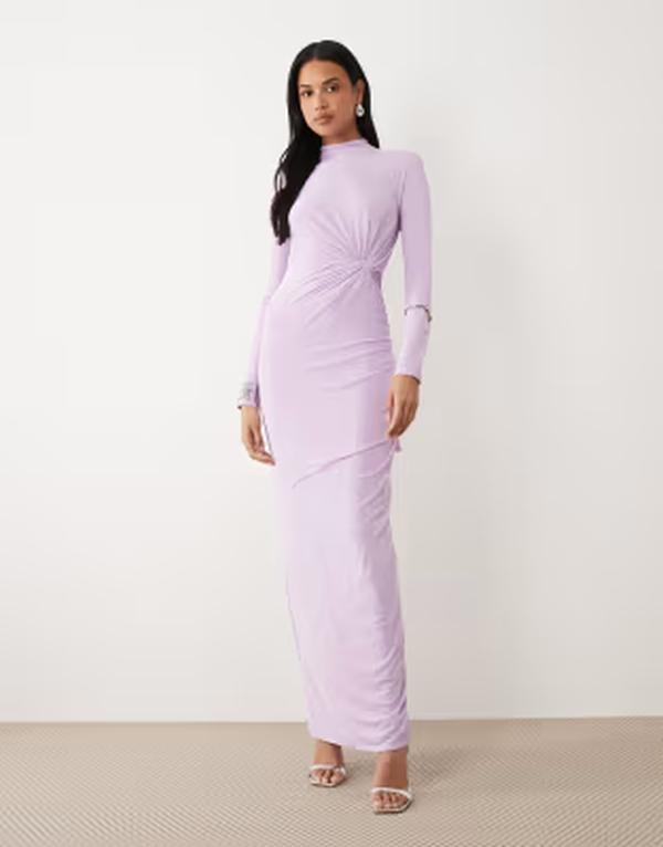 エイソス レディース トップス ワンピース メッシュ マキシ ASOS DESIGN long sleeve twisted bust detail mesh maxi dress in lilac ライラック