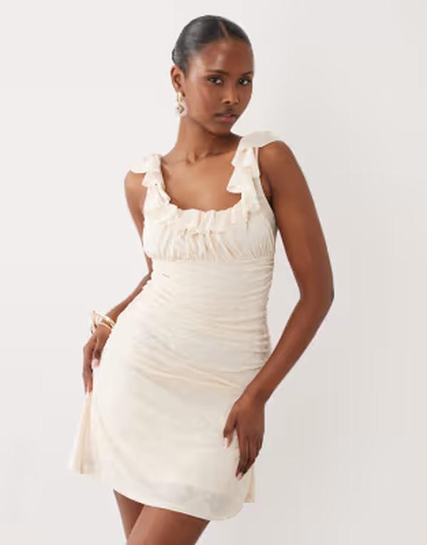 エイソス レディース トップス ワンピース ミニ レース ASOS DESIGN square neck devore mini dress with lace-up back in cream CHOCOLATE BROWN ブラウン