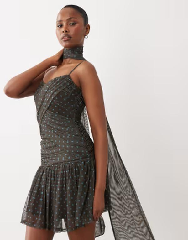 エイソス レディース トップス 衣装 点点柄 ドレープ 点点 ミニ メッシュ ASOS DESIGN scarf detail polka dot mesh mini dress with drapedetail インチ chocolate 黒茶