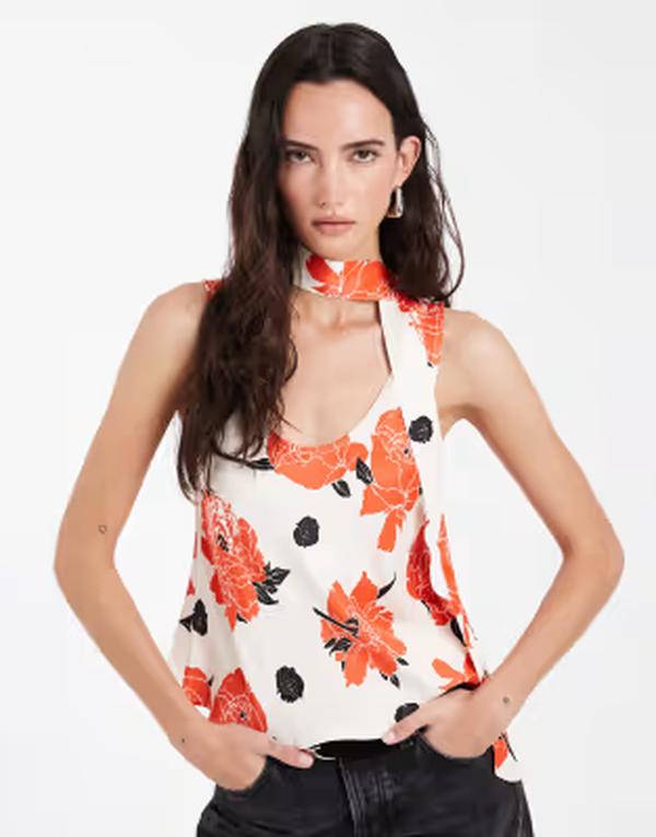 エイソス レディース トップス タンクトップ フラワー柄 プリント サテン フラワー ASOS DESIGN satin scoop neck tank top with scarf in floral print Ivory floral アイボリー｜ReVida 店