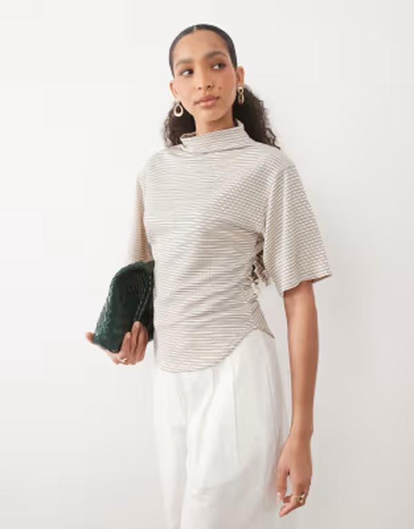 エイソス レディース トップス プルオーバー ハイネック ASOS DESIGN short sleeve top withigh neck インチ stripes Fine stripe 縞模様