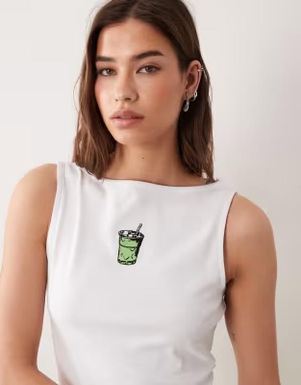 エイソス レディース トップス プルオーバー ASOS DESIGN boat neck tank top with matcha embroidery WHITE 白いこと