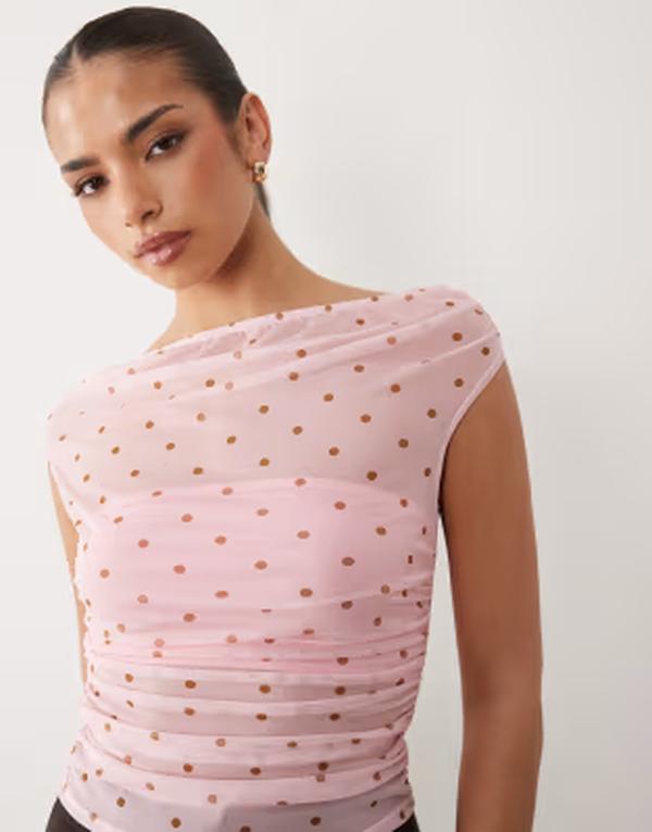 エイソス レディース トップス シャツ ドット メッシュ ASOS DESIGN mesh gathered short sleeve off shoulder top and brown polka dots Pink Polka Dot ピンク