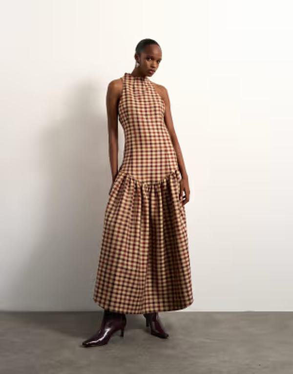 トップショップ レディース トップス ワンピース オープンバック ミディ Tolu Coker x Topshoplaid open back midi dress plaid BROWN ブラウン