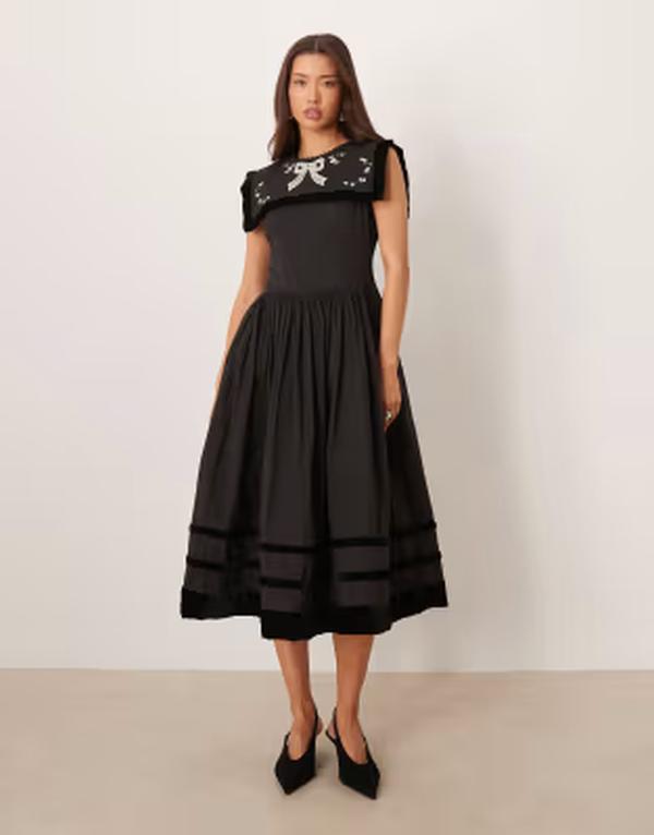 フォーラブアンドレモン レディース トップス ワンピース ミディ ベルベット 刺繍 For Love & Lemons poplin and velvet mix embroidered bib detailing midi dress Black ブラック
