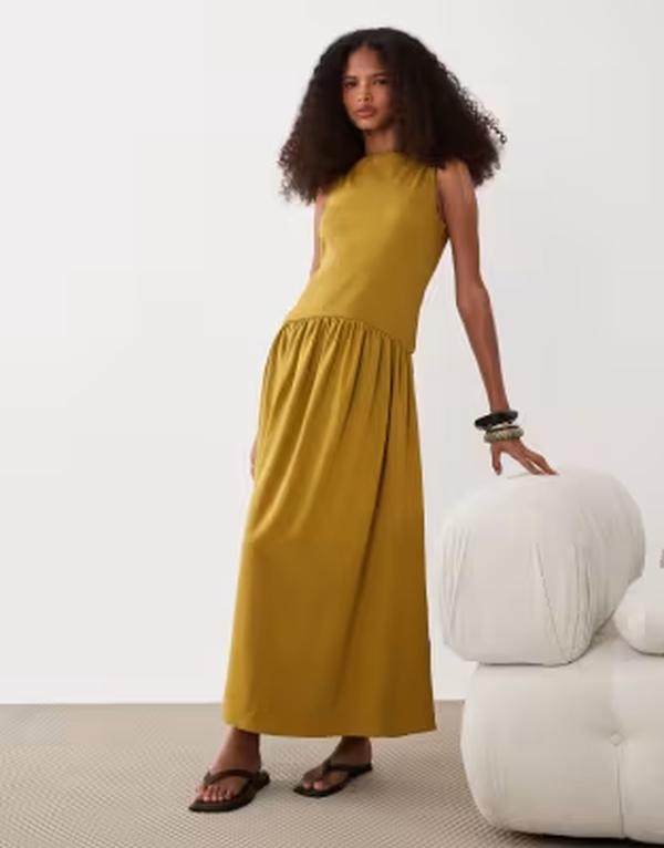 エイソス レディース トップス 衣装 midi ASOS DESIGN rib mix MIDI dress with drop waist インチ olive GREEN 緑であること
