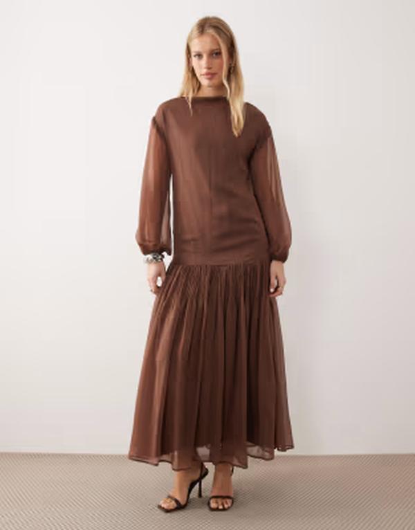 エイソス レディース トップス 衣装 シフォン マキシ ASOS DESIGN slash neck chiffon godet maxi dress インチ chocolate 黒茶