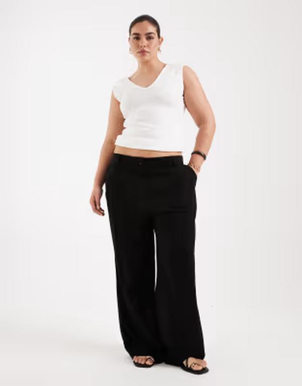 エイソス レディース ボトムス 心地好いズボン下 ワイドレッグ リネン ASOS Curve ASOS DESIGN Curve wide leg pants with pleat detail インチ linen look Black 黒いこと