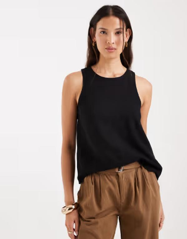 エイソス レディース トップス シャツ リネン ASOS DESIGN linen cross back scoop neck cami top Black ブラック