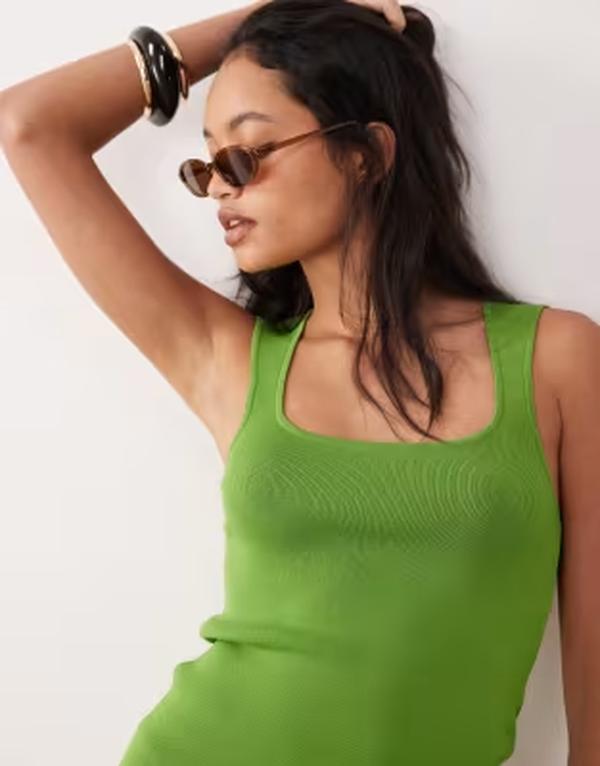 エイソス レディース トップス プルオーバー 編み物 ASOS DESIGN knit compact square neck cami Green 緑であること トップス-レディースファッション