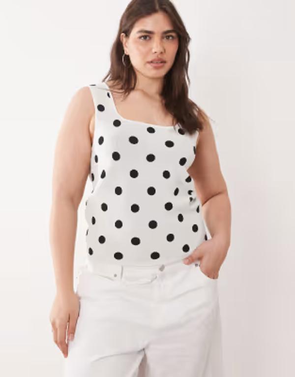 エイソス レディース アウター ニット・セーター ドット ASOS Curve ASOS DESIGN Curve compact square neck cami top in polka dots Cream クリーム