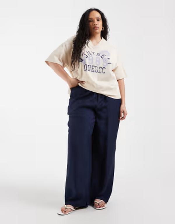 オンリーカーブ レディース ボトムス カジュアルパンツ ハイウエスト ONLY Curve high waistextured pants Navy Blazer ネイビー