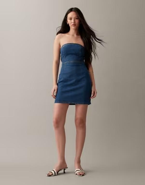 エイソス レディース トップス ワンピース ミニ デニム ASOS DESIGN denim bandeau mini dress in mid BLUE ブルー｜ReVida 店
