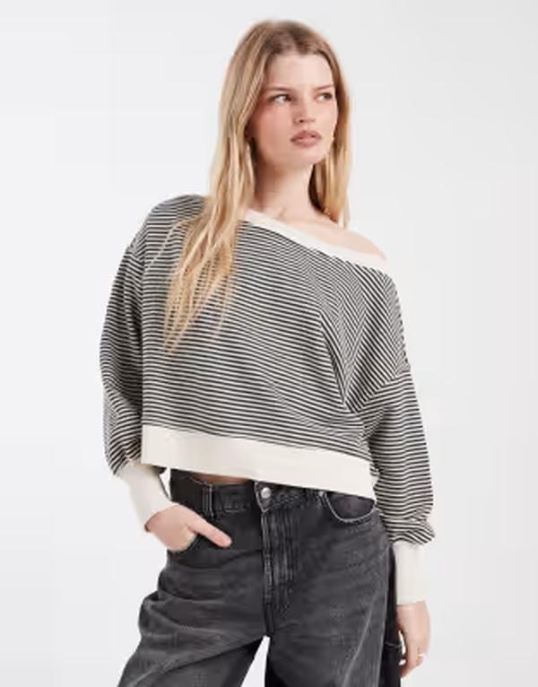 コットンオン レディース アウター パーカー・スウェット プルオーバー Cotton off the shoulder sweatshirt and cream stripes Multi マルチ色つや