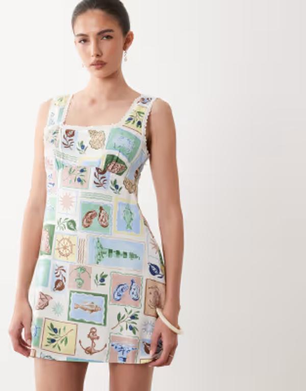 ノーバディーズ チャイルド レディース トップス ワンピース プリント ミニ ノースリーブ リネン Nobody's Child Ciara linen blend square neck sleeveless mini dress in postcard print Postcard print