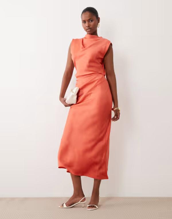 エイソス レディース トップス ワンピース ハイネック プリーツ ミディ サテン ASOS DESIGN satin high neck pleated bodice midi dress in peach ピーチ