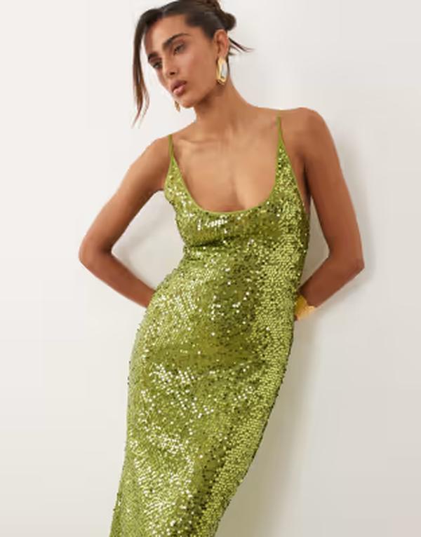 エイソス レディース トップス ワンピース シアー スパンコール マキシ ASOS DESIGN embellished sheer scattered sequin cami maxi dress Green グリーン