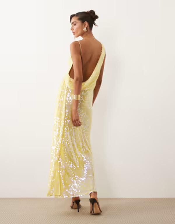 エイソス レディース トップス ワンピース ハイネック ドレープ スパンコール マキシ ASOS DESIGN high neck draped back maxi dress in yellow sequin YELLOW イエロー