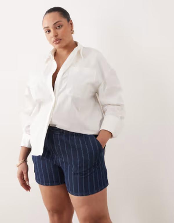 エイソス レディース ボトムス 二分の一ズボン下・さる股引き 遊撃手ズボン下 ジーンズ ASOS Curve ASOS DESIGN Curve denim pull on shorts インチ stripesTRIPE 縞模様