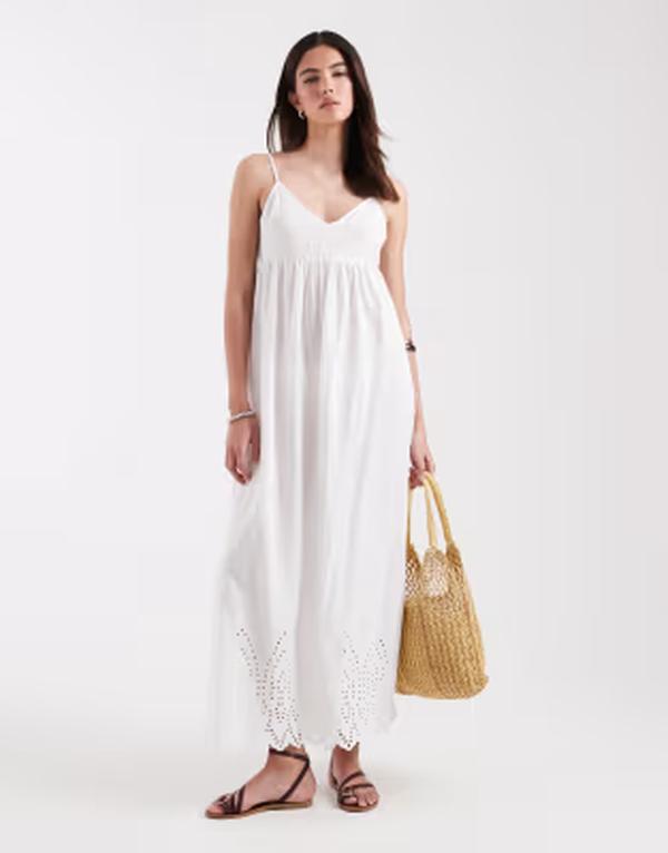 オンリー レディース トップス 衣装 刺しゅう ONLY tie back midaxi dress with embroidered hem detailing Bright White 白いこと