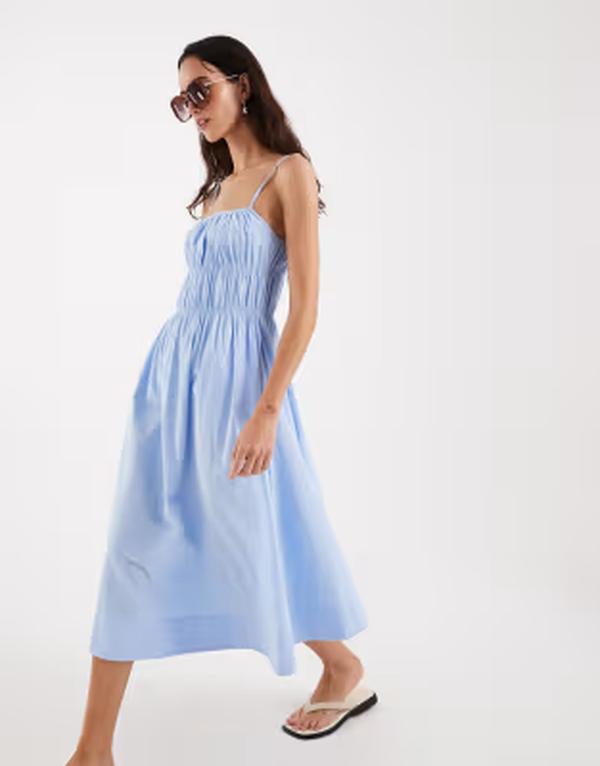 フォース&レックレス レディース トップス ワンピース コットン 4th & Reckless cotton poplin shirred camidaxi dress in baby BLUE ブルー｜ReVida 店