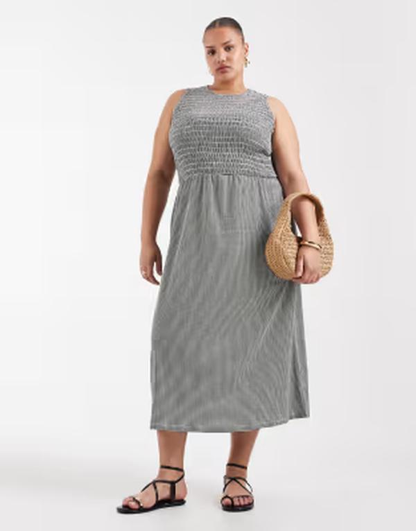 オンリーカーブ レディース トップス ワンピース ギンガムチェック ギンガム ONLY Curve smock midaxi dress gingham Black ブラック