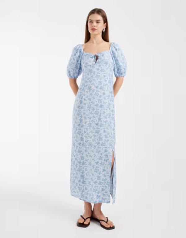 ヴェロモーダ レディース トップス ワンピース フラワー柄 プリント マキシ フラワー Vero Moda puff sleeve tie front detail maxi dress floral print CM Blue ブルー