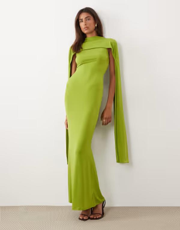 エイソス レディース トップス 衣装 ケープひな型 ノースリーブ 旗がしら ケープ マキシ ASOS DESIGN slinky sleeveless extreme cape detail maxi dress インチ bright green 緑であること