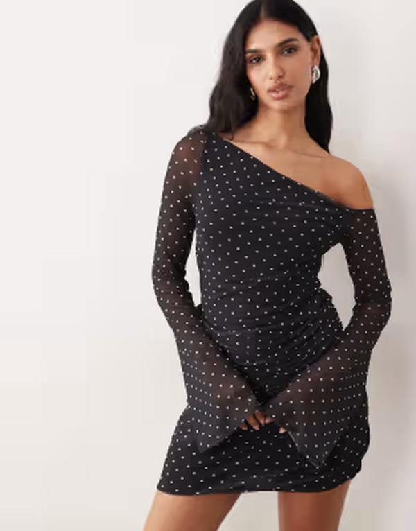 エイソス レディース トップス ワンピース プリント ミニ メッシュ オフショルダー ASOS DESIGN printed mesh off-shoulder mini dress with angel sleeve in dot print Spot