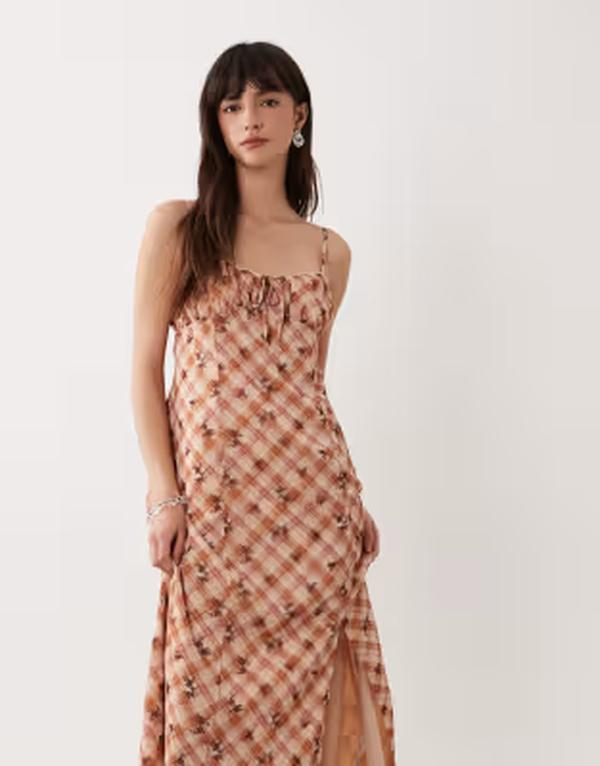 ミスセルフフリッジ レディース トップス ワンピース フラワー柄 プリント マキシ フラワー Misselfridge tie front maxi dress in floral plaid print PLAID チェック|ReVida 店