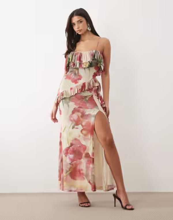 エイソス レディース トップス ワンピース アシンメトリー フラワー柄 プリント フリル メッシュ マキシ フラワー ASOS DESIGN mesh off shoulder maxi dress with asymmetric ruffle details floral print Pink Floral ピンク