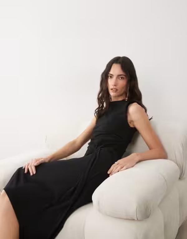 エイソス レディース トップス ワンピースタンドネック ノースリーブ ASOS DESIGN funnel neck sleeveless midaxi dress with knot detail Black ブラック｜ReVida 店