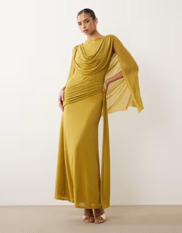 エイソス レディース トップス ワンピース シフォン ケープデザイン キャップ ケープ マキシ ASOS DESIGN stretchiffon cape detail cowl neck and back maxi dress with sash detail GREEN グリーン