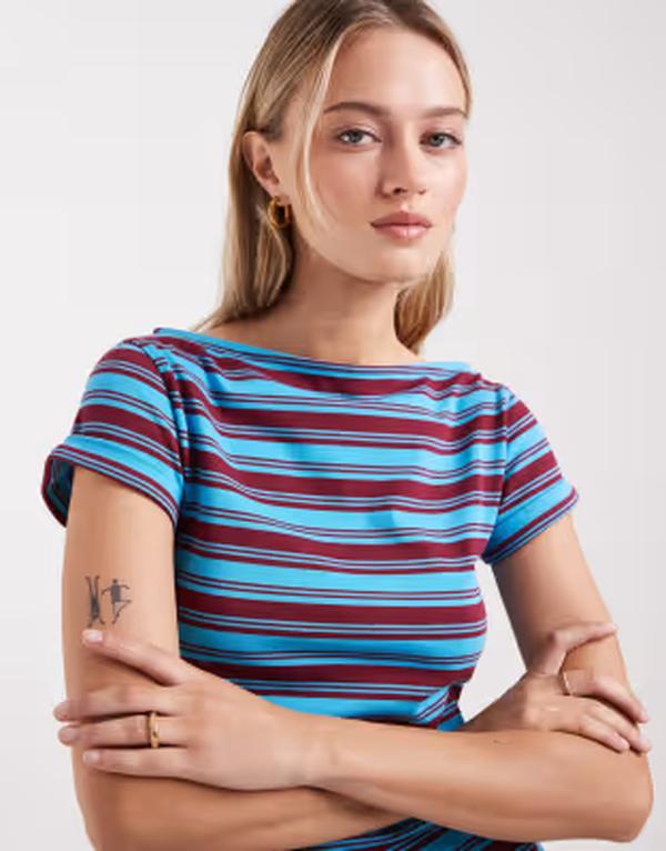 エイソス レディース トップス Tシャツ ASOS DESIGN boat neck top and burgundy stripes Burgundy stripe バーガンディ