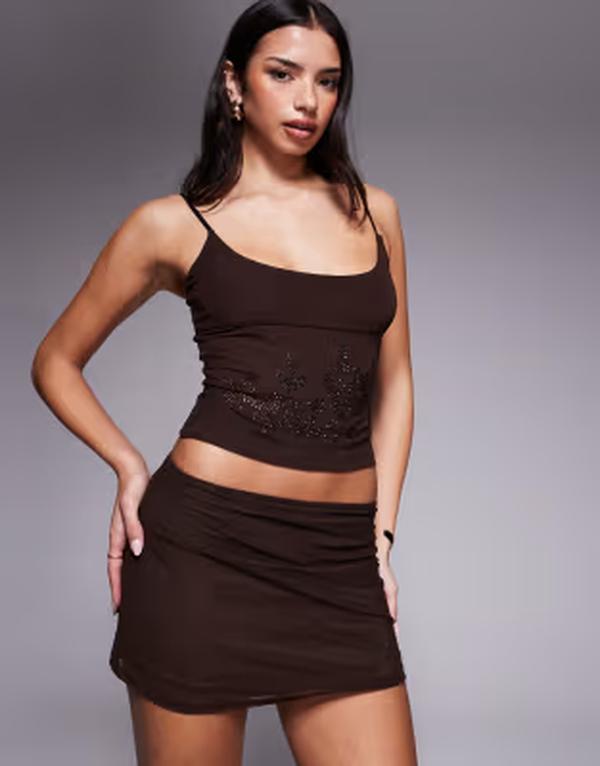 タイガーミスト レディース ボトムスカート ミニ メッシュ Tiger Mist Octavia slinky mesh mini skirt in chocolate - part of a set BROWN ブラウン｜ReVida 店 15,251円