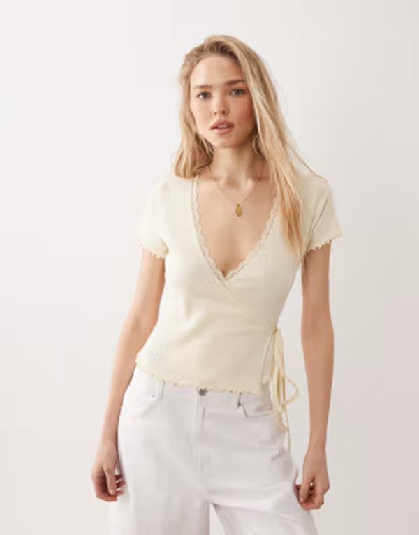 ミスセルフフリッジ レディース トップス シャツ Misselfridge pointellettucedge wrap top in buttermilk