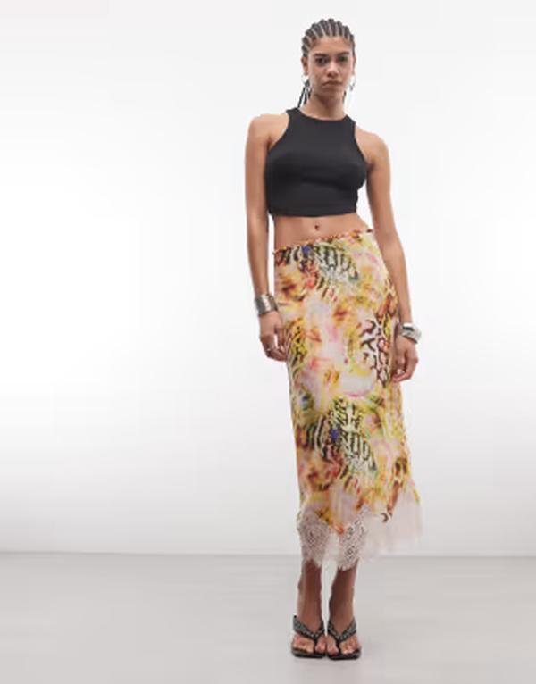 エーエフアールエム レディース ボトムスカート プリント ミディ レース AFRM Ackley high rise lace hemidi skirt multi print PINK ピンク｜ReVida 店