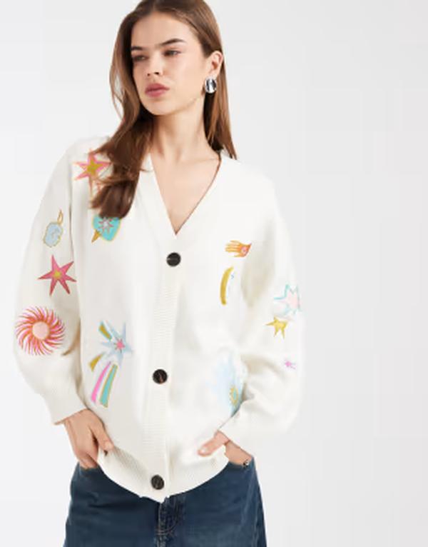 ネバーフリードレスド レディース アウター カーディガン 刺繍 Never Fully Dressed Martha dreamer embroidered longline cardigan in cream クリーム