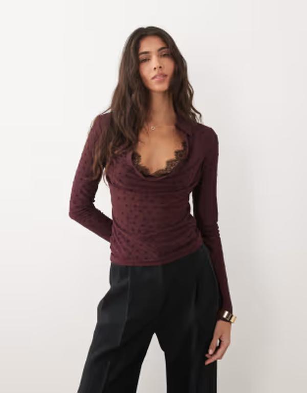 エイソス レディース トップス シャツ ASOS DESIGN flocked heart long sleeve shirt in plum プラム