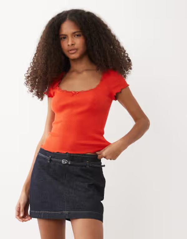 ミスセルフフリッジ レディース トップス プルオーバー スピード競技刈り込み スピード競技 Misselfridge square neck lace trim short sleeve top RED 赤いこと