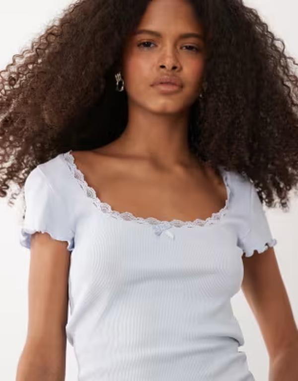 ミスセルフフリッジ レディース トップス プルオーバー スピード競技刈り込み スピード競技 Misselfridge square neck lace trim short sleeve top BLUE 青み