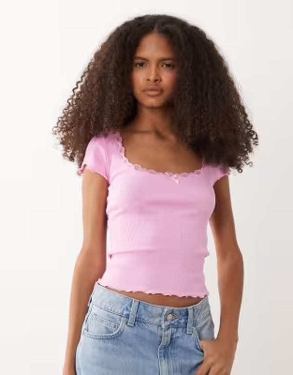 ミスセルフフリッジ レディース トップス プルオーバー スピード競技刈り込み スピード競技 Misselfridge square neck lace trim short sleeve topINK サクラ色