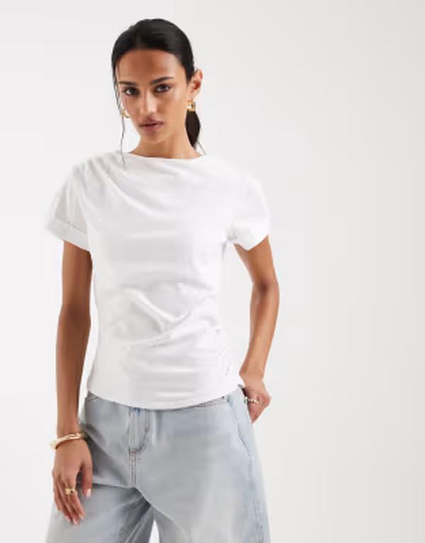 エイソス レディース トップス プルオーバー ASOS DESIGN short sleeve with ruching top WHITE 白いこと