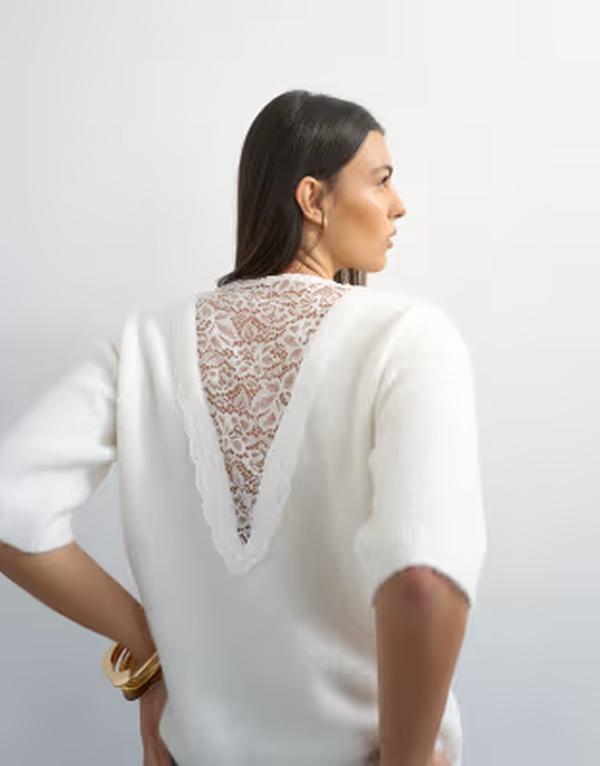 トップショップ レディース アウター ニット・セーター レース Topshop knit short sleeve lace back detail sweater IVORY アイボリー